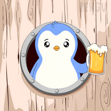 a penguin is holding a glass of beer and looking out of a window