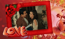 a picture of a man and woman in a red frame with the word love