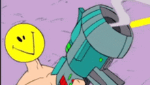 a cartoon man with a smiley face on his head is holding a gun