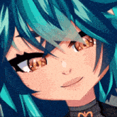 a close up of a anime character with blue hair