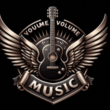 a guitar with wings surrounding it and the words volume music below it