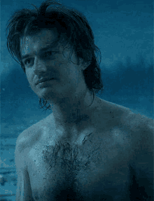 a shirtless man with long hair is standing in the water .