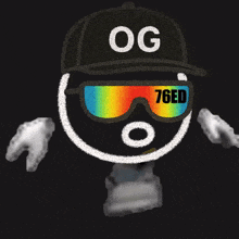 a cartoon character wearing sunglasses and a hat with og 76ed written on it