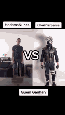 a man in a black shirt is standing next to a man in a kakashii sensei outfit