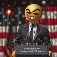 a man in a suit stands at a podium with a smiley face on his head and the words department of government efficiency on it