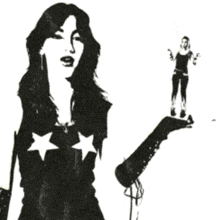 a black and white drawing of a woman with three stars on her shirt