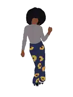 a woman in a gray shirt and blue pants with yellow flowers on them is dancing