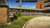 a screenshot of a video game shows a brick building with stairs