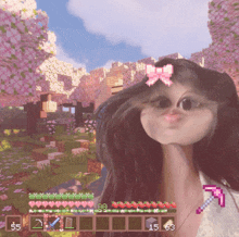 a girl with a pink bow in her hair is in a minecraft game