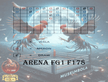 two roosters are fighting in a boxing ring with the words arena fgi f178 on the bottom
