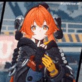a girl with orange hair is wearing a jacket that says nypd