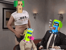 a man in a crop top stands next to a man in a suit
