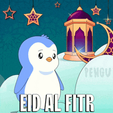 a penguin is standing in front of a lantern and says ' eid al fitr ' on the bottom