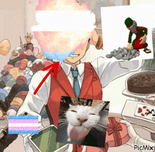 a man in a red vest and tie is surrounded by boxes and a cat