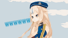 a girl with long blonde hair wearing a blue hat and gloves says www