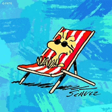 a cartoon of woodstock sitting in a striped chair
