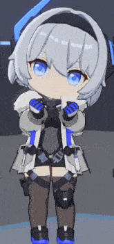 a girl with white hair and blue eyes is wearing a jacket and knee high socks