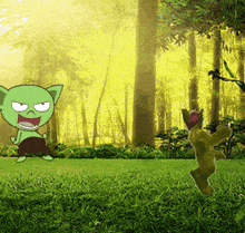 a cartoon drawing of a green cat and a brown bear in a forest