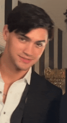 a close up of a man in a suit and white shirt smiling .