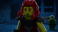 a yellow lego figure with red hair and a tattoo on her face