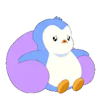 a cartoon penguin is sitting on a purple pillow