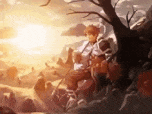 a man is sitting under a tree with a sword in his hand in a painting .