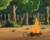 a cartoon drawing of a campfire in a forest