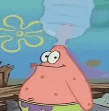 patrick star from spongebob squarepants is holding a bottle of water in his mouth .