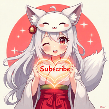 a girl with white hair is holding a heart that says " subscribe "