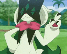 a cartoon character wearing a pink bow tie is standing in a field .
