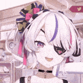 a girl with white hair and a bow in her hair is wearing a black eye patch .