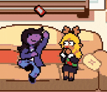 two pixel art characters are sitting on a couch and talking to each other .