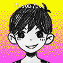 a black and white drawing of a boy with the words " i 'll sob / pos " on the bottom
