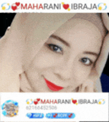 a close up of a woman 's face with the name maharani ibraja below it