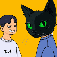 a cartoon of a man and a cat with the word jeet on the shirt