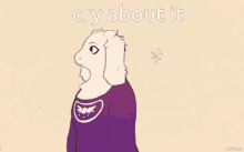 a cartoon of a goat kissing another goat with the words cry about it written on the bottom