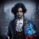 a man with black hair and blue eyes holds a book