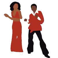 a man and a woman are dancing together and the woman is in a red dress