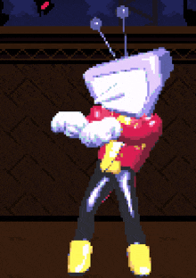 a pixel art drawing of a robot with a head that looks like a tv