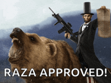 abraham lincoln is riding on the back of a bear while holding a gun