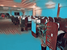 a painting of a room with cubicles and a plant