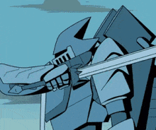 a cartoon drawing of a robot holding a sword