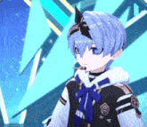 a blue haired anime character wearing a headband and a bow tie