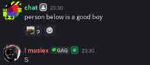 a person below is a good boy in a chat with musicex and gag