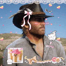 a picture of a man wearing a cowboy hat and a shirt with aeris written on it