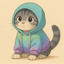 a cat wearing a blue hoodie with purple sleeves