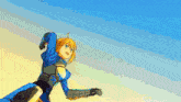 a pixel art drawing of a girl in a blue and gold outfit