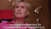 a woman is crying and saying `` i am going to vote for an environment that is so untoxic '' .