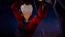 a man in a red suit is holding a bow and arrow in his hand