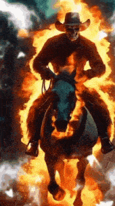 a cowboy with a skull mask is riding a horse surrounded by fire .